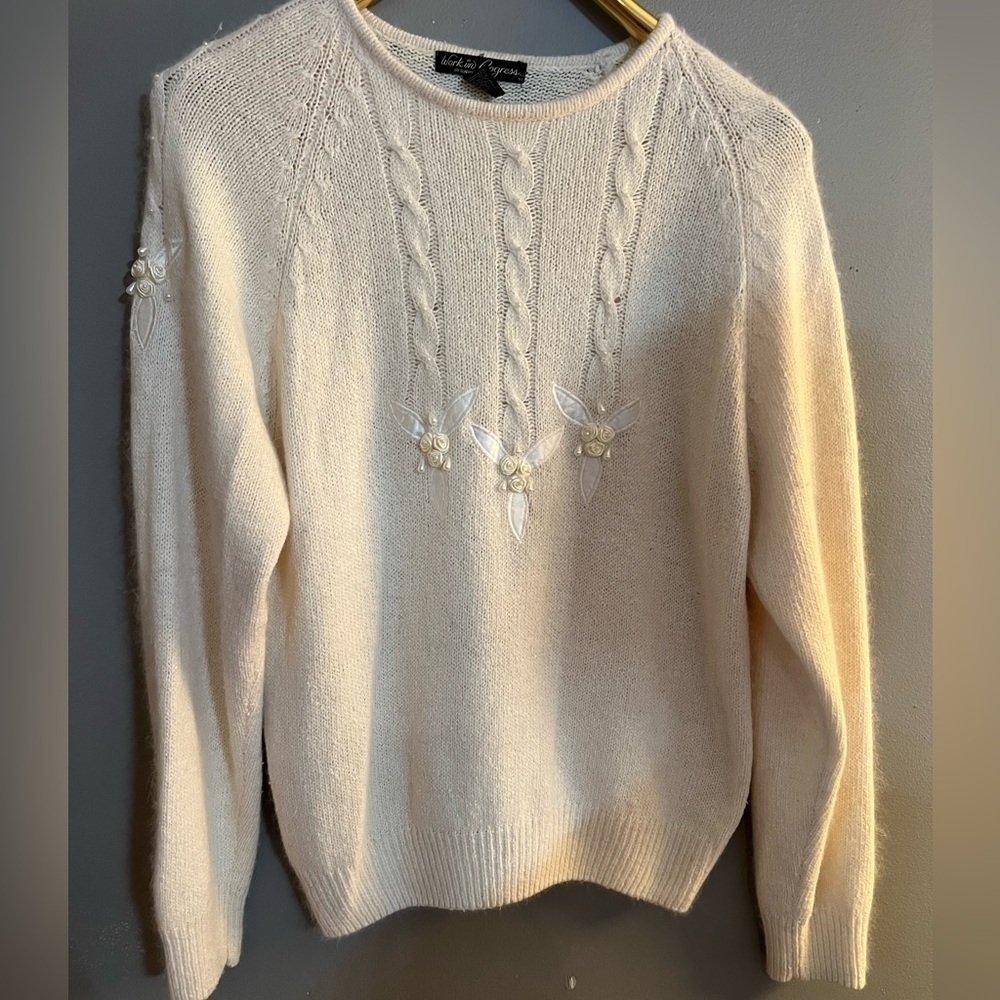 WORK‎ in progress mohair angora silk blend bead floral sweater M